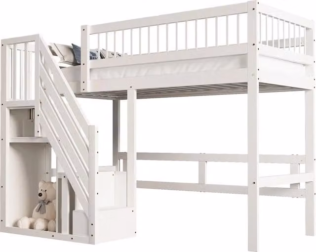 Letto a Soppalco Singolo Bianco con Scala Contenitore e Sponde Alte in Legno e MDF, L/P: 90 x 200 cm, H: 173 cm – 1