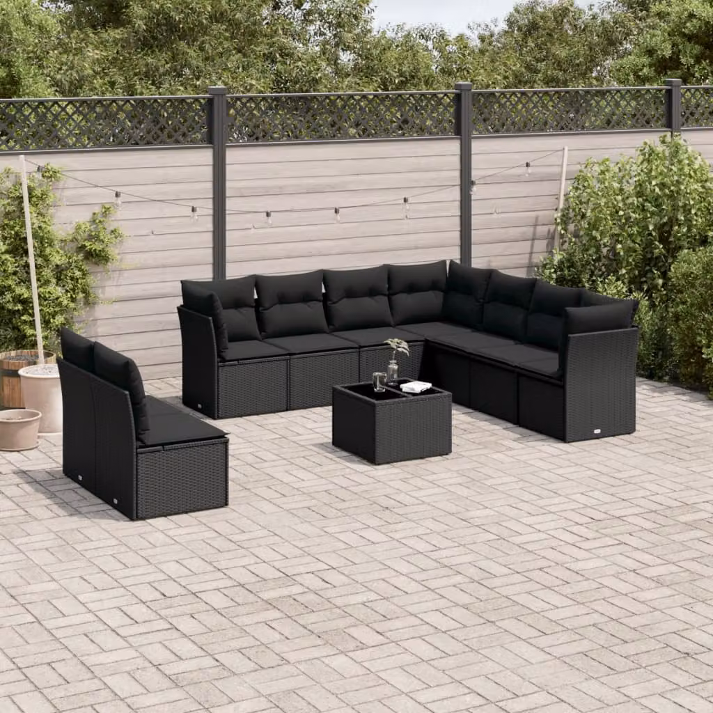 vidaXL Set Divani da Giardino a L con Polyrattan Nero, Cuscini Inclusi e Tavolino da Esterno – 1