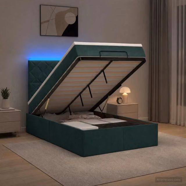 Letto Ottomano vidaXL in Velluto Verde con Materasso Ibrido e Illuminazione LED Sotto il Letto L: 120 cm, P: 200 cm, H: 88 cm