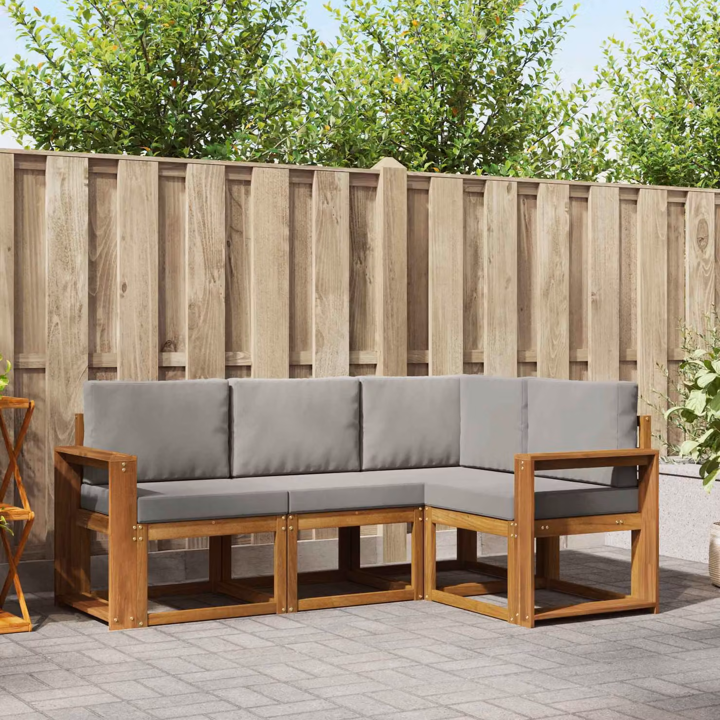 Set di divani da esterno vidaXL 4 pz in legno di acacia con cuscini, composizione a L, Grigio e Marrone