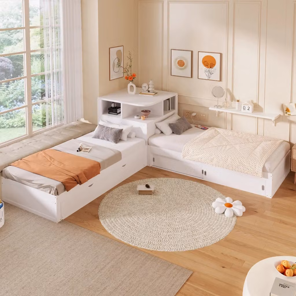 Letto a piattaforma WISHDOR per bambini con letto estraibile, contenitore con ante scorrevoli e luce notturna, bianco, L/P: 90 x 200 cm – 2