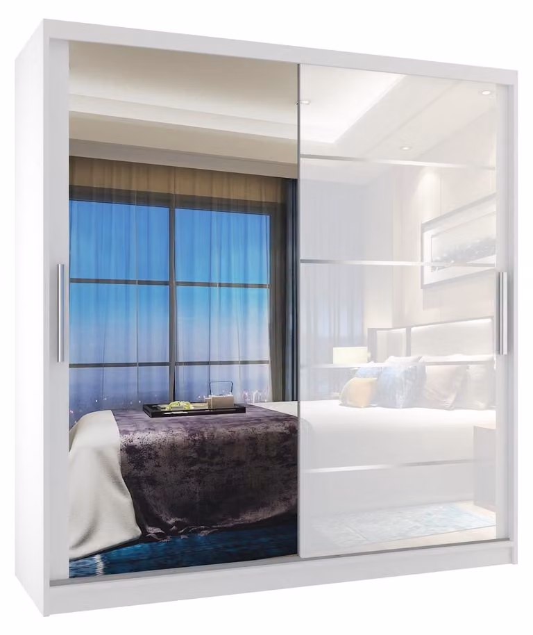 BELINI Verona, armadio scorrevole da 158 cm, bianco lucido - armadio con specchio e 2 cassetti, ideale per la camera da letto