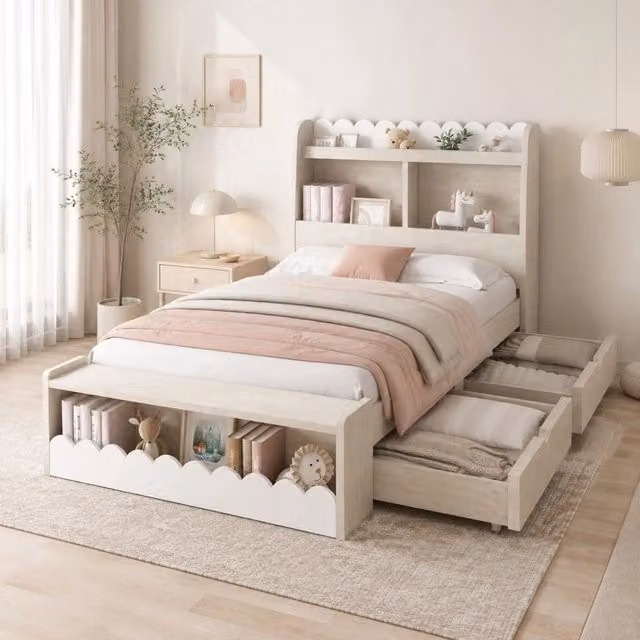 Letto singolo per bambini 90 × 190 cm con cassetti e vani portaoggetti in legno bianco e rovere chiaro