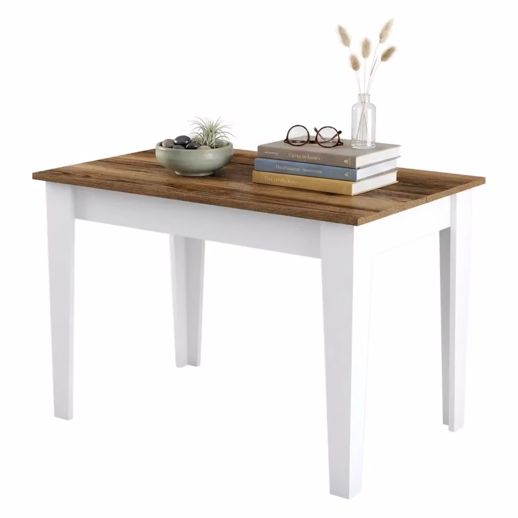 Tavolo da pranzo fisso Zane DMORA per 6 persone, design moderno, L: 120 cm, P: 72 cm, H: 75 cm, Bianco e Marrone – 2