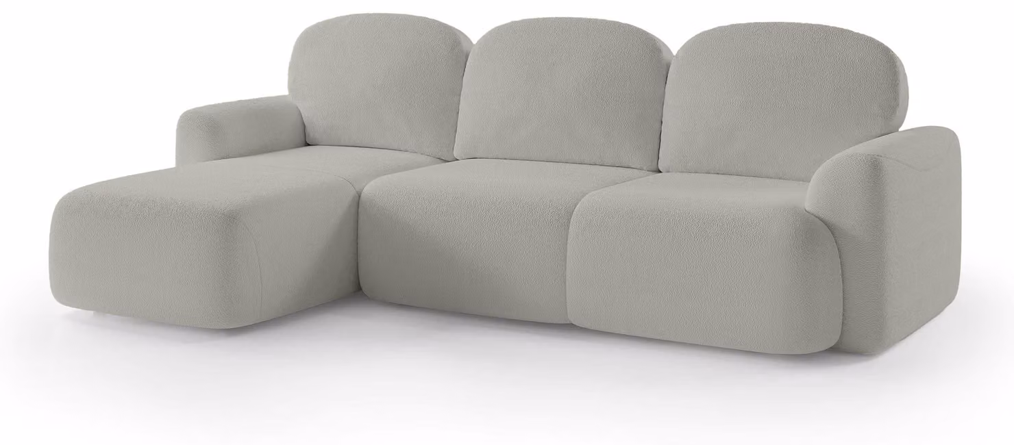 Divano a tre posti con funzione letto, modello Bulu, rivestito in tessuto sand, finitura opaca, lato sinistro