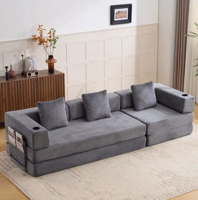 Divano Letto Pieghevole in Velluto a Coste con Portabicchieri e Tasche Grigio Scuro per Soggiorno