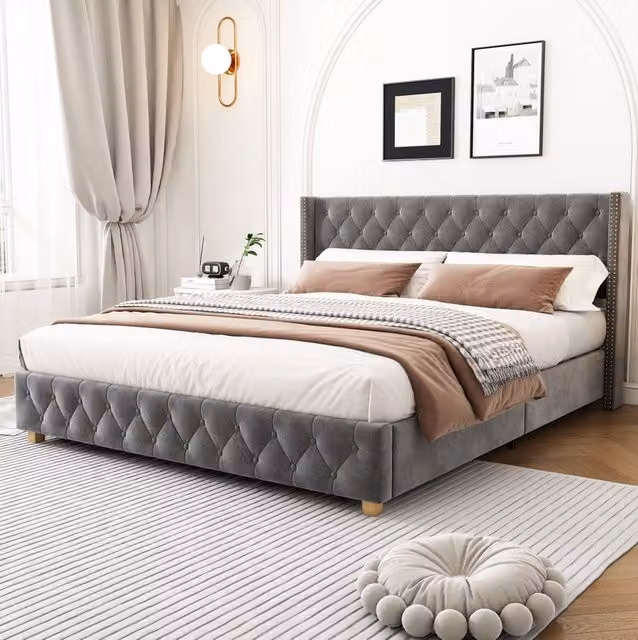 Letto imbottito in velluto grigio 160x200 cm con testiera trapuntata