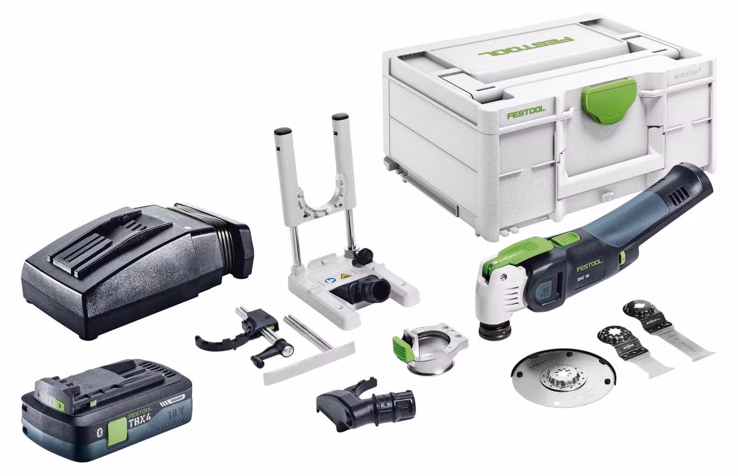 Set base Festool OSC 18 E - Oscillatore a batteria 18 V Starlock Max Brushless + 1x batteria 4,0 Ah + caricabatterie + set di 7 accessori + Systainer