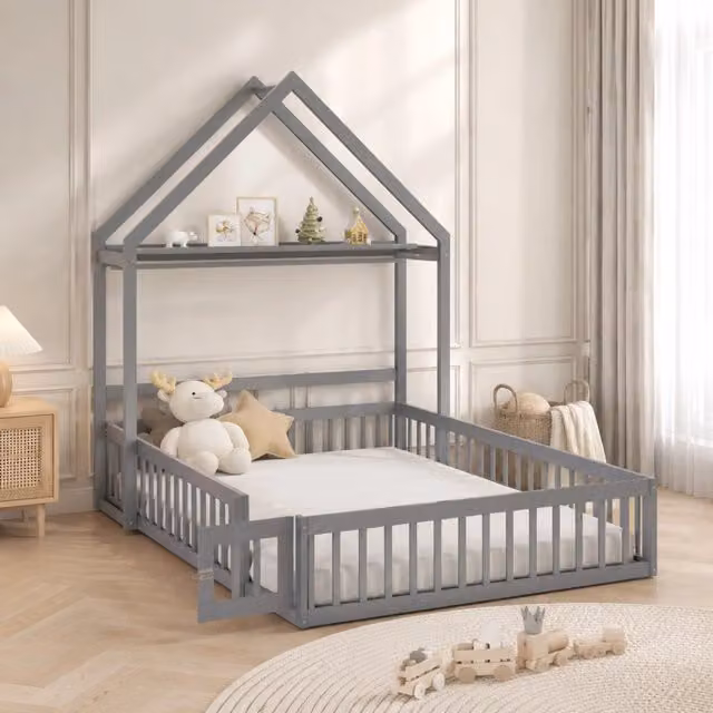 Letto per bambini a pavimento 140x200 cm grigio in legno massiccio di pino con sponda e spazio contenitore