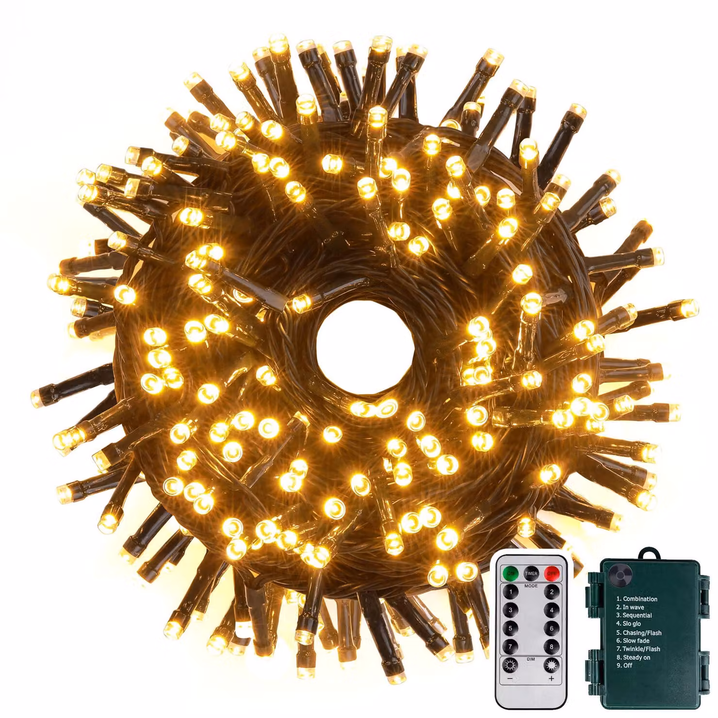 Catena luminosa da 20 metri, con 200 LED, luce bianco caldo, alimentata a batteria, con telecomando