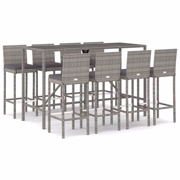 Set Bar da Giardino 9 pz con Cuscini in Polyrattan Grigio