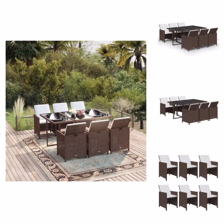 vidaXL set da pranzo da giardino 7 pezzi con cuscini in poly rattan marrone - Set di mobili da giardino