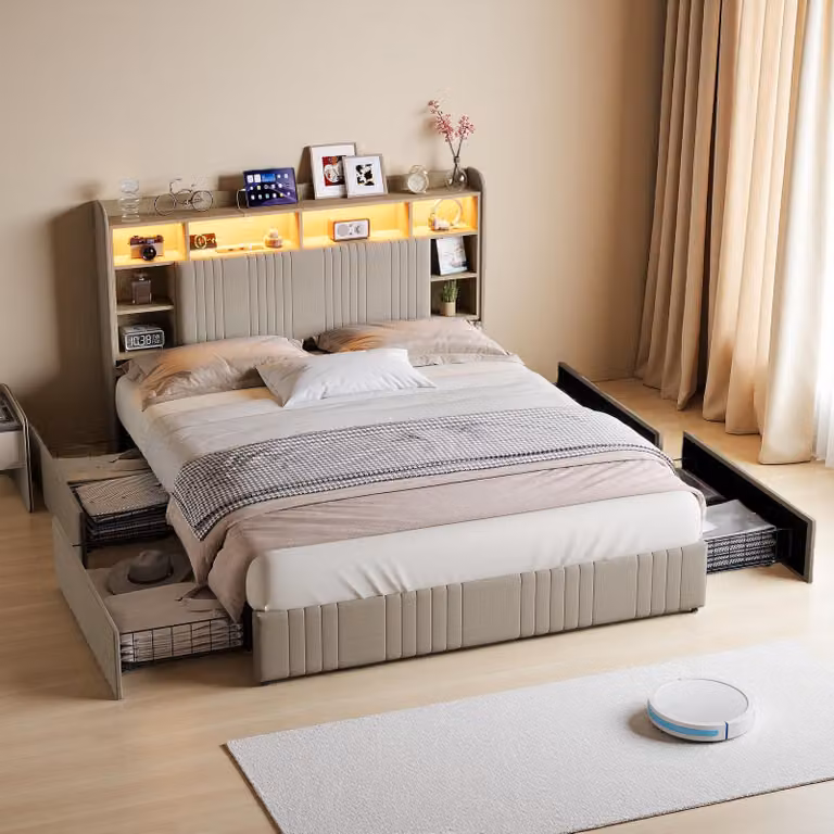 Letto imbottito ProximaX 160x200 cm in tessuto di lino beige con 4 cassetti, illuminazione LED RGB e stazione di ricarica (USB/USB-C/prese di corrente)