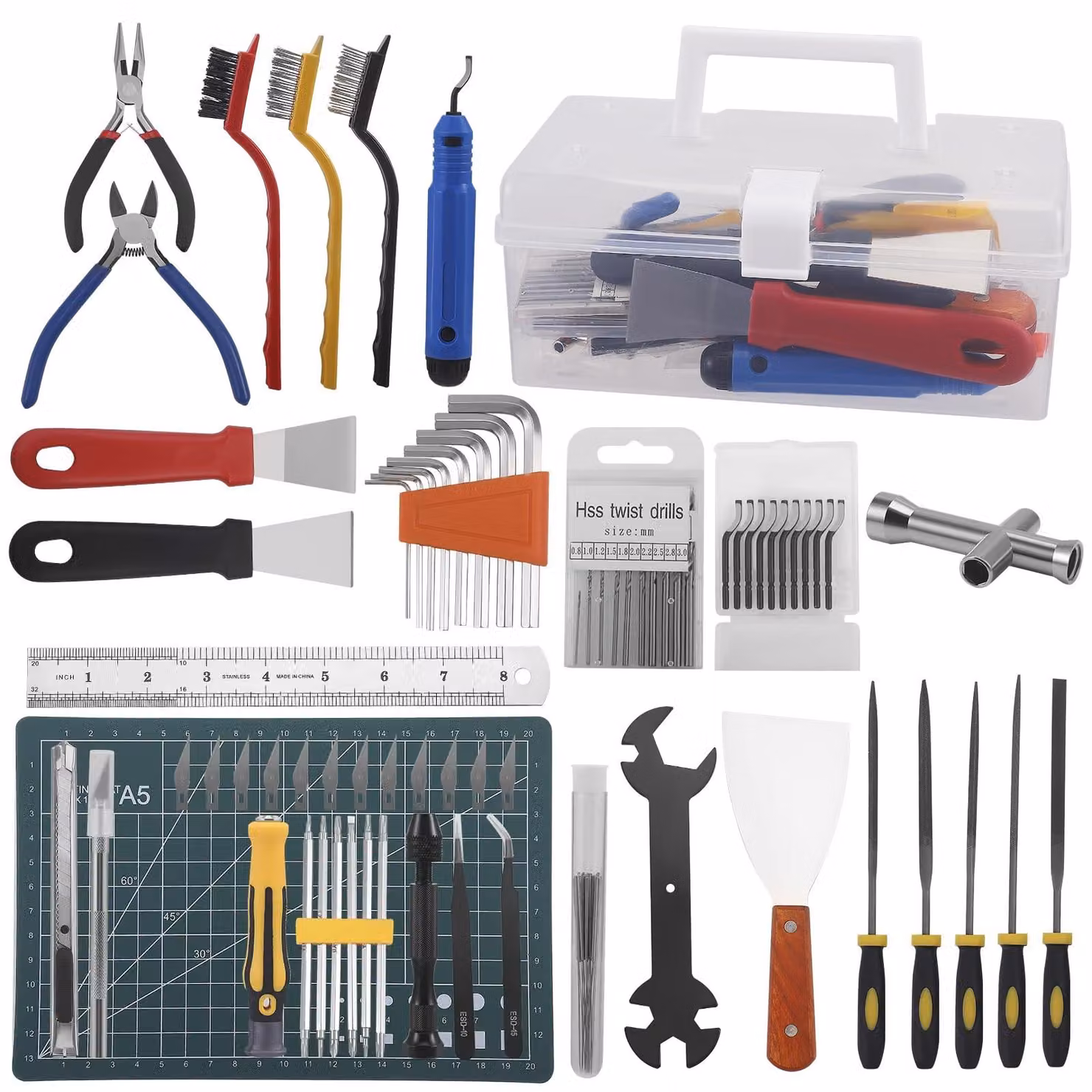 Kit di accessori da 99 pezzi per stampanti 3D, che include un set per la pulizia degli ugelli e una serie di strumenti