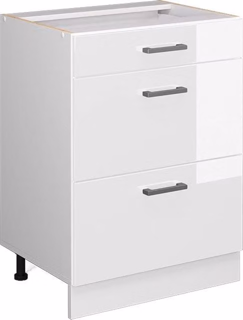 Mobiletto base per cucina Vicco R-Line Bianco lucido con cassetti, senza piano di lavoro, L: 60 cm