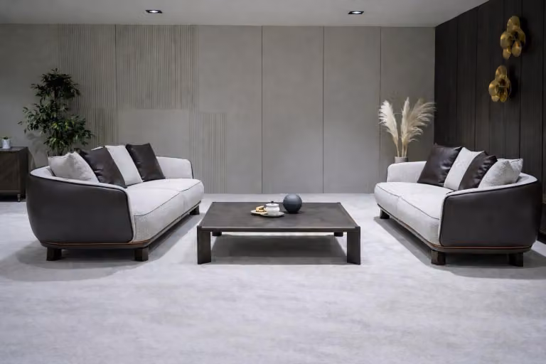 Elegante set da salotto 3+3 posti, bianco e marrone, design moderno