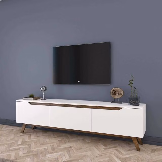 Mobile porta TV Apatite DMORA, Credenza moderna per soggiorno in legno e MDF, Bianco, L: 180 cm, P: 35 cm, H: 48,6 cm