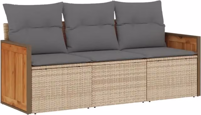 Set Divano da Giardino 3 pz | Set Salotto da Giardino con Cuscini Beige in Polyrattan