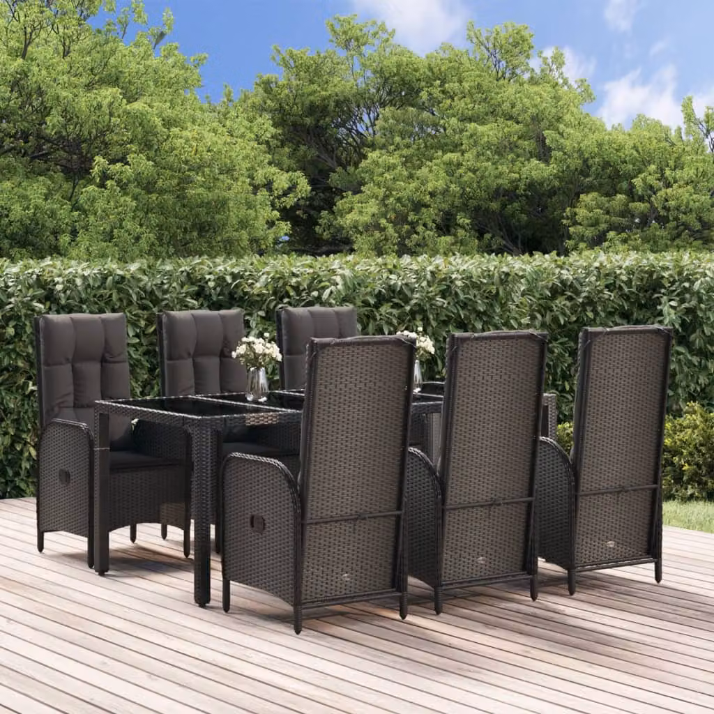 Set da pranzo da giardino vidaXL in polyrattan con cuscini, 7 pezzi, nero e grigio