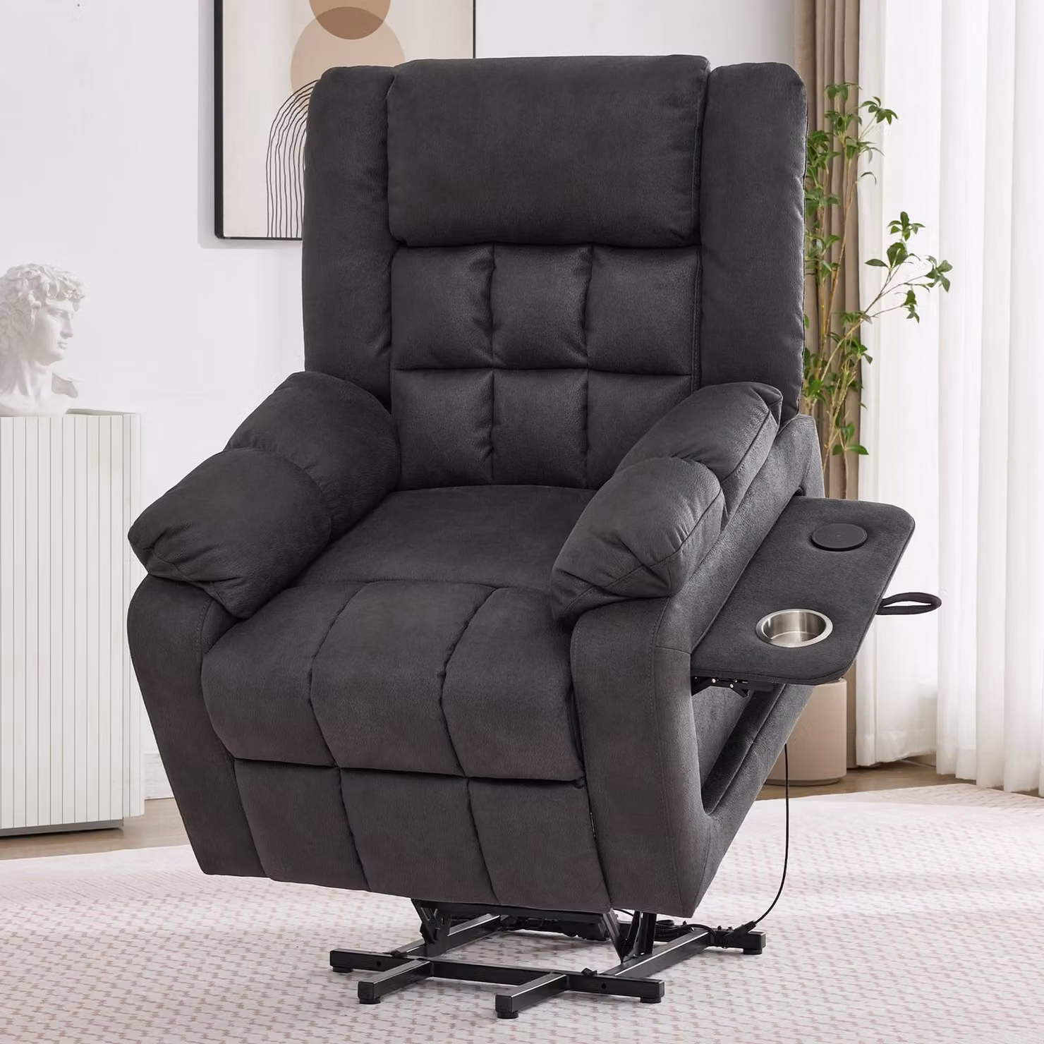 Poltrona reclinabile elettrica per TV con massaggio, funzione riscaldante, poggiapiedi, 2 tasche laterali e portabicchieri, poltrona massaggiante, colore grigio