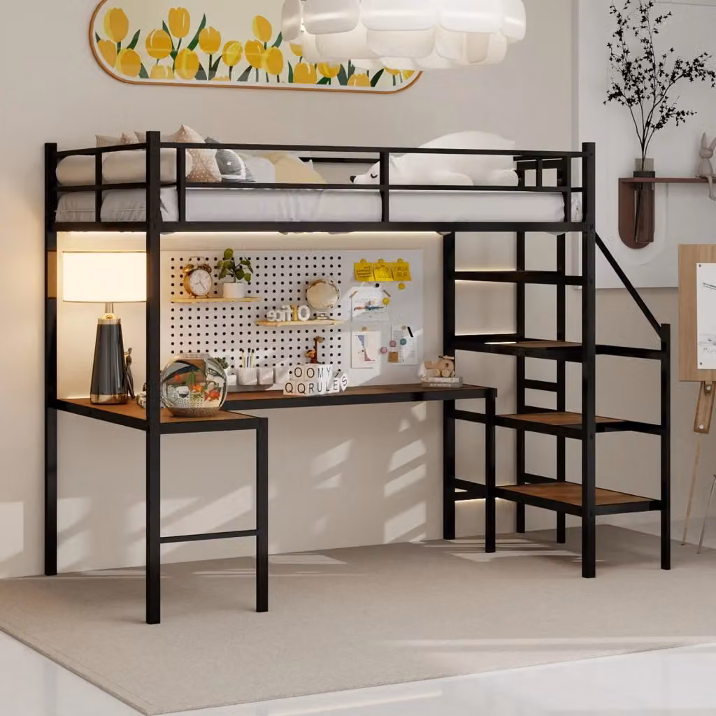 Letto a Soppalco Singolo con Scrivania ad Angolo, Scaffali e Scala Contenitore in Metallo Nero, L/P/H: 197 x 90 x 175,5 cm – 2