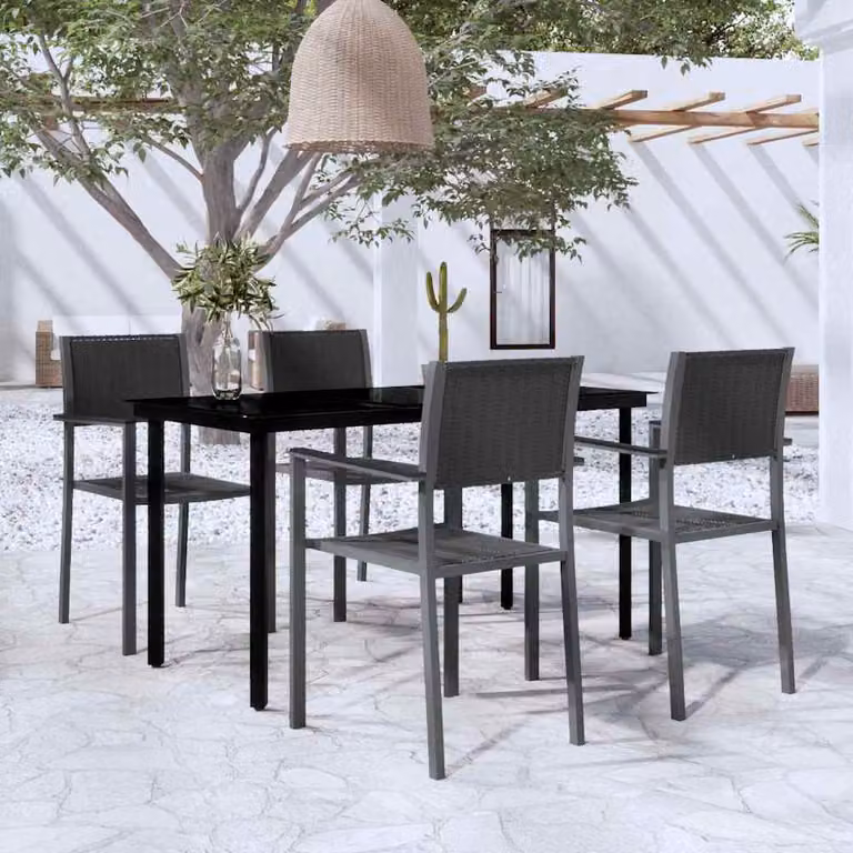 Set da Pranzo da Giardino Moderno vidaXL in Acciaio Verniciato Nero con Piano in Vetro, 5 Pezzi