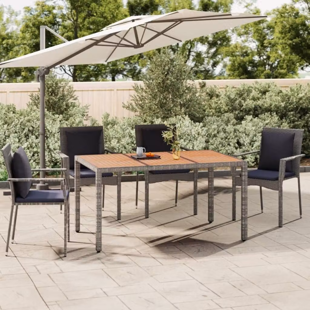 The Living Store Tavolo da giardino con piano in legno in poly rattan grigio e legno massiccio di acacia