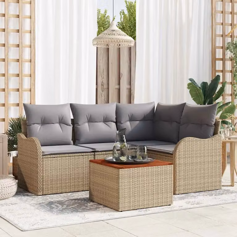 Set Divano da Giardino vidaXL 5 Pezzi a Forma di L con Tavolino, Polyrattan e Cuscini, Beige e Grigio