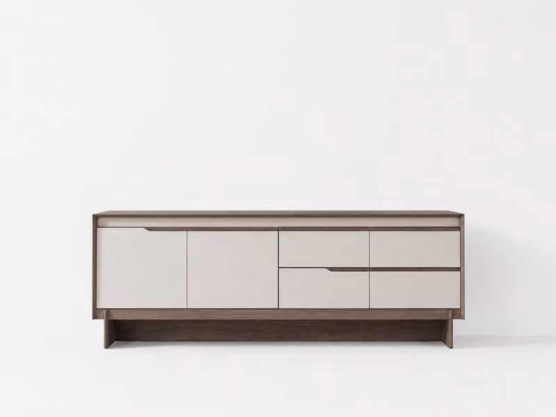 Mobile contenitore beige in legno, con ante e cassetti