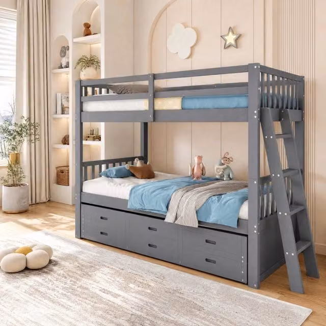 Letto a castello per bambini con struttura a casetta, letto estraibile e 3 cassetti, grigio, L/P/H: 200 x 90 x 160 cm