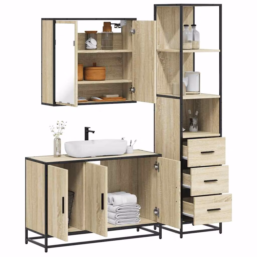 Set di mobili da bagno industrial vidaXL in legno e metallo, 3 pezzi, colore beige e marrone, composto da mobile lavabo, armadietto alto e pensile con specchio