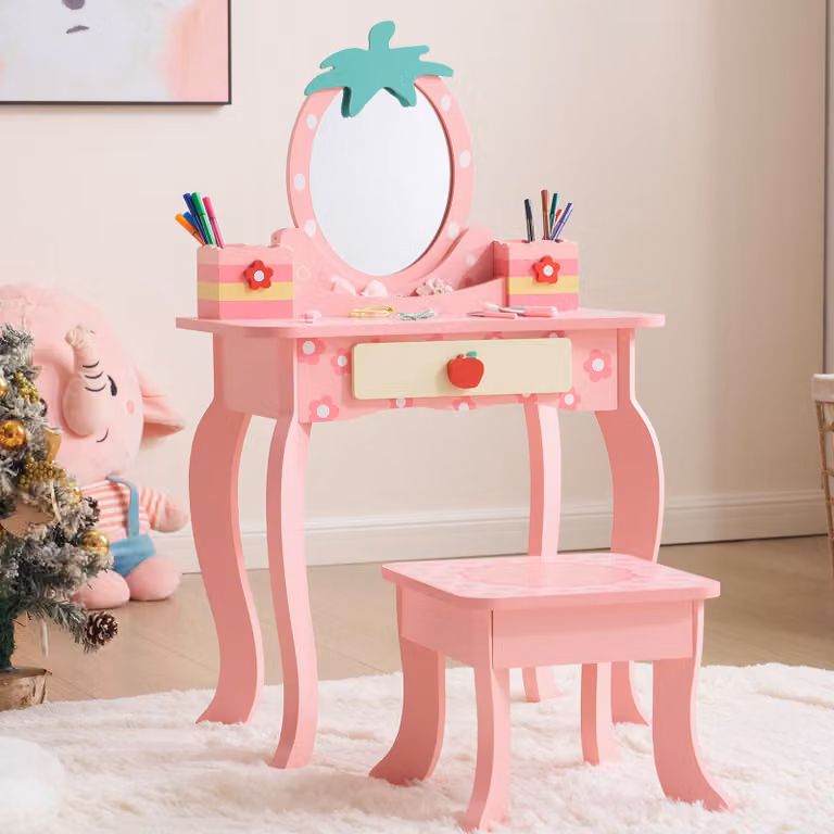 Tavolino da trucco per bambini ALIGHTUP, con sgabello, specchio, cassetti e 2 contenitori portaoggetti, colore rosa