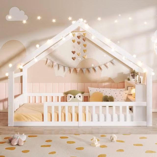 Letto a casetta per bambini 90 x 190 cm con sponde anticaduta; luci decorative; pino e MDF bianco
