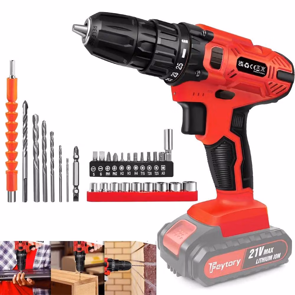 Trapano avvitatore a batteria - Trapano senza fili - 21 V, 2700 giri/min - Batteria da 1,5 Ah - 2 velocità - Luce LED - 26 accessori - Colore: rosso