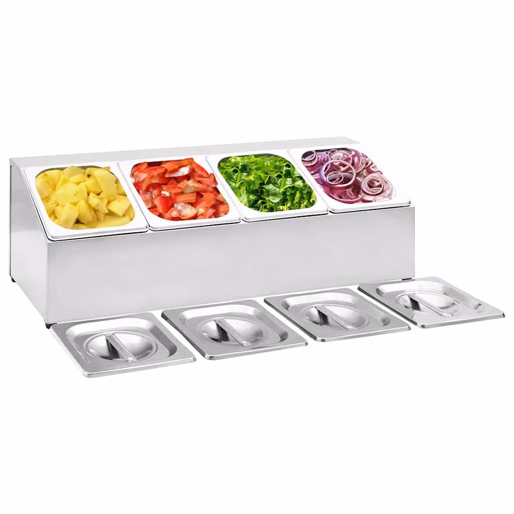 vidaXL Supporto Gastronorm in Acciaio Inox Argento con 4 Contenitori GN 1/6, H: 66,0 cm, L: 42,1 cm, P: 22,5 cm