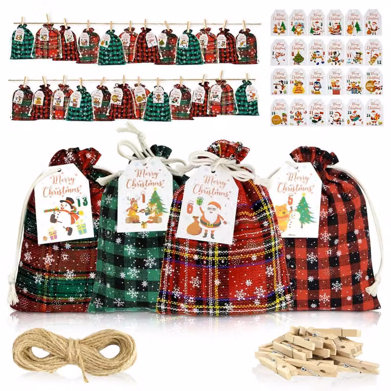 Calendario dell'Avvento da riempire, 24 sacchetti di juta rossi/verdi con cartoncini numerati, calendario di Natale fai-da-te per bambini, dimensioni 13x18 cm