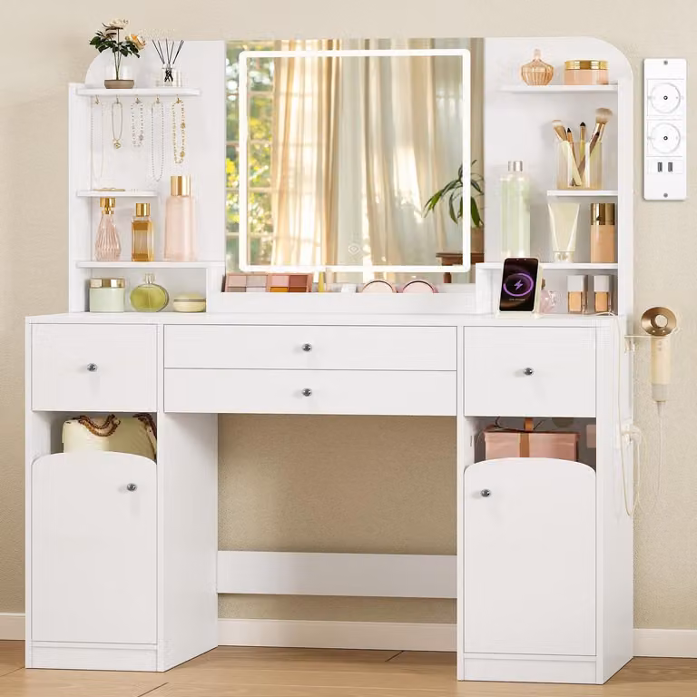 Comò da trucco con illuminazione a LED, 108 cm, bianco, 2 cassetti, 2 ante, supporto per asciugacapelli
