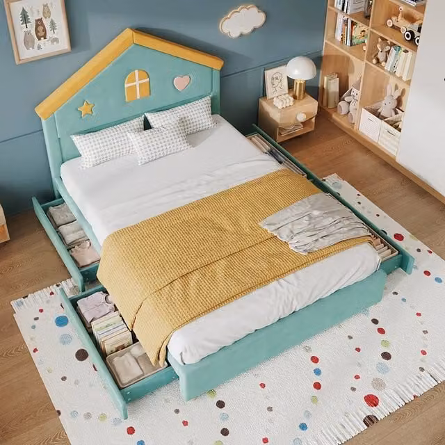 Desviae Letto per bambini imbottito 140 × 200 cm con 4 cassetti in velluto blu-verde con testiera a forma di casa laterali
