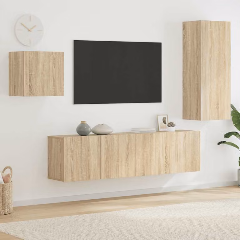 Set di 4 mobili TV da parete vidaXL in legno multistrato color rovere, design moderno per soggiorno o ufficio, L: 102 cm, H: 80 cm, P: 30 cm