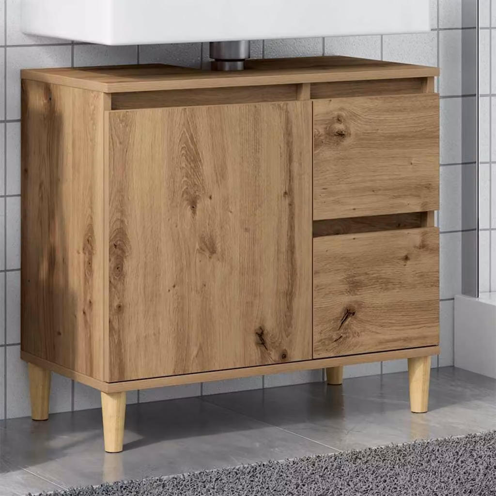 Mobile Sottolavabo vidaXL in Rovere Artigianale Marrone con Ante a Cerniera e Cassetti L: 65 cm, P: 33 cm, H: 60 cm