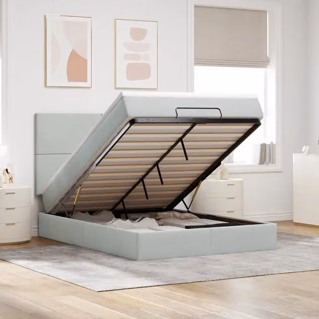 Letto con contenitore a sollevamento vidaXL in velluto con materasso L: 140 cm, P: 200 cm, H: 203 cm, disponibile in grigio o bianco