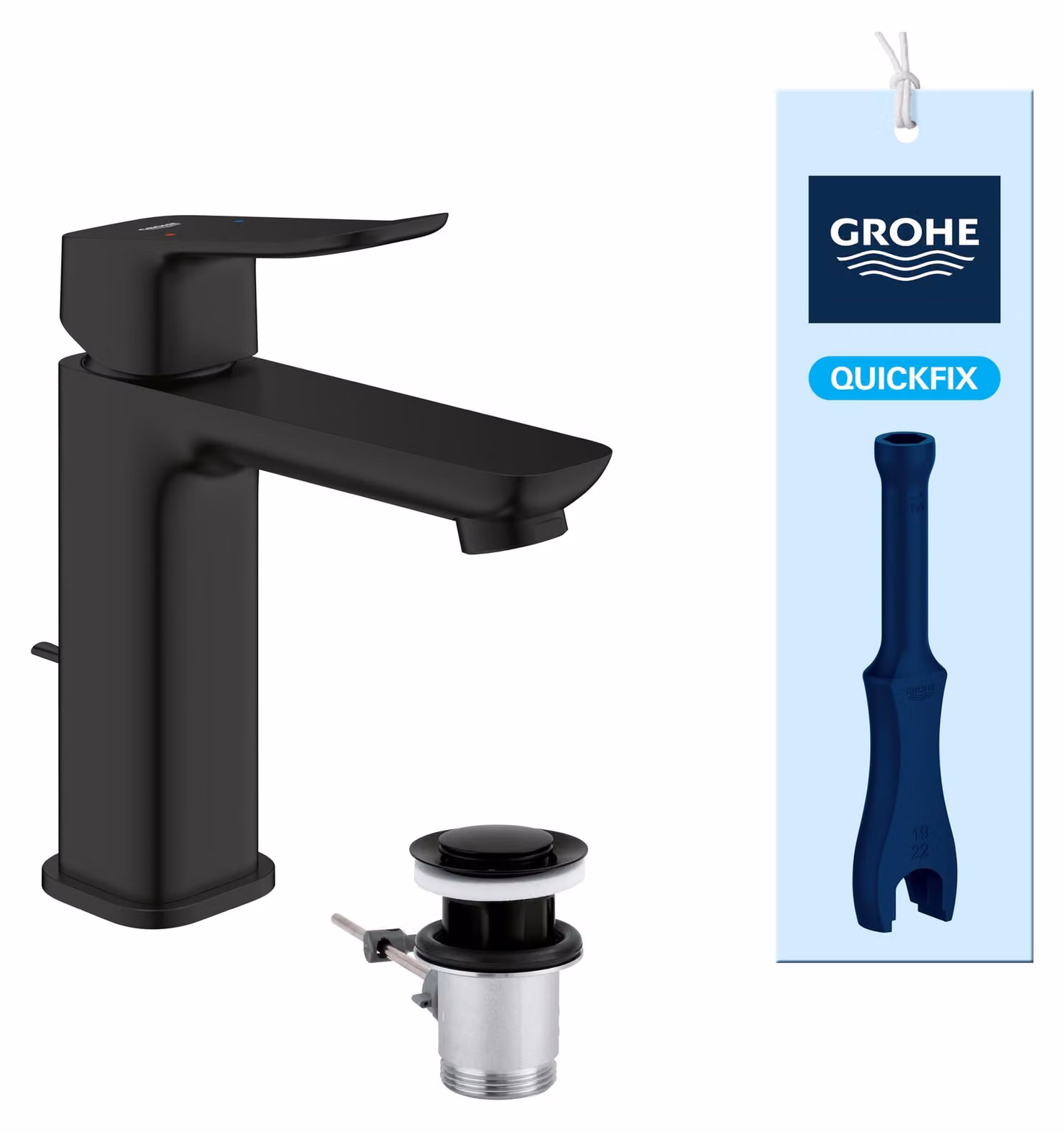 Miscelatore monocomando per lavabo, finitura nero opaco, con tappo a salvagoccia integrato