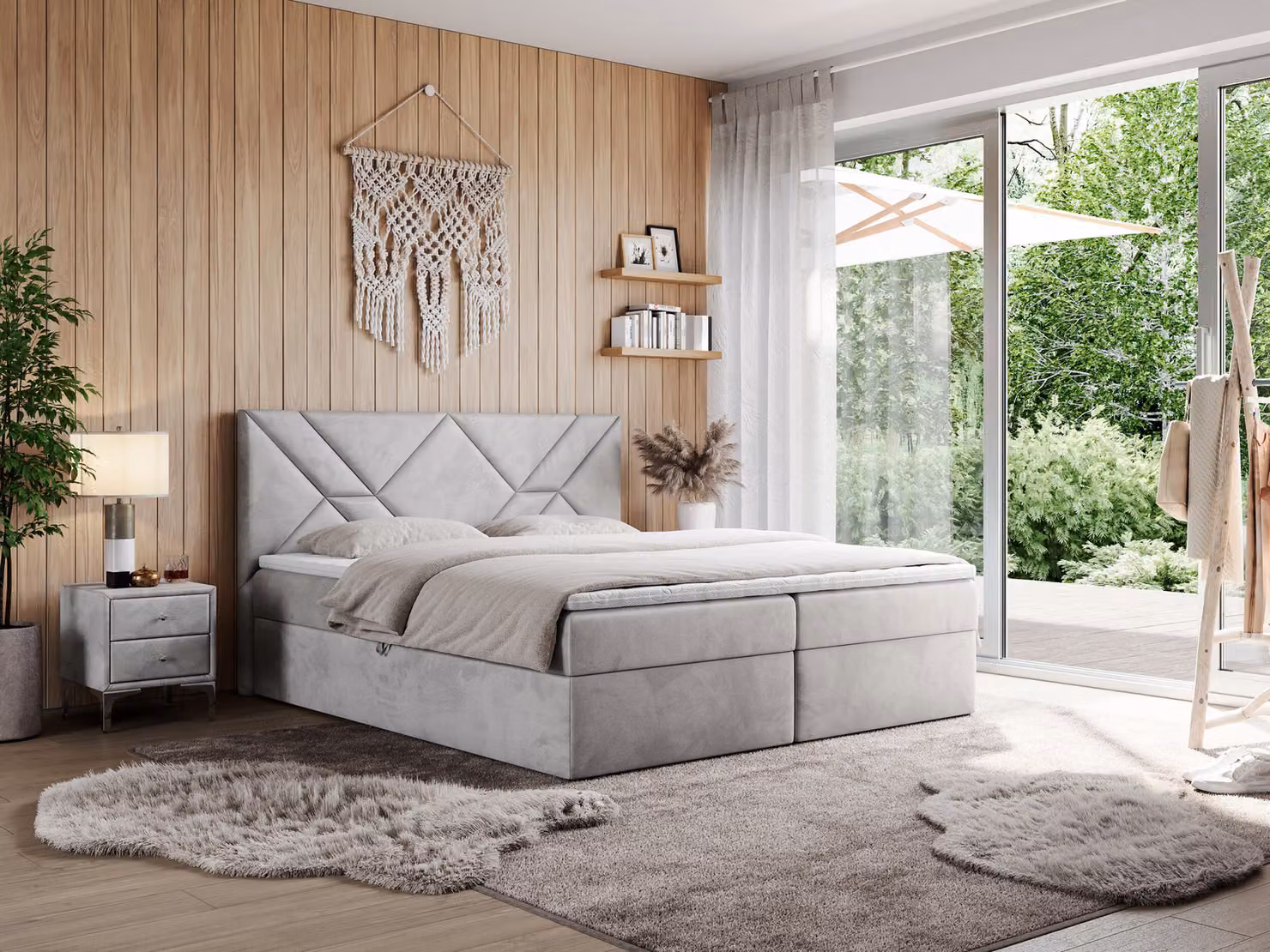 Letto boxspring MKS MEBLE 120x200 con materasso H3 e contenitore, letto matrimoniale con contenitore e topper, letto imbottito 120x200 con testiera - NEOMI - Grigio chiaro vellutato - H3
