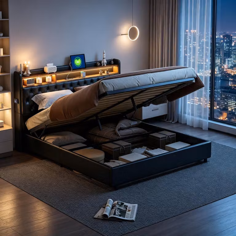 Letto imbottito INONEFT 180x200 cm con funzione di ricarica (USB e Type-C), letto matrimoniale per ragazzi con rete a doghe, letto contenitore tipo boxspring con LED, rivestito in PU, colore nero