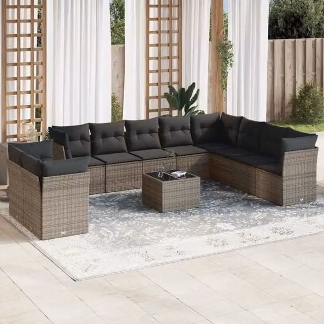 Set di divani da giardino VIDAXL in polyrattan grigio con cuscini, 11 pezzi