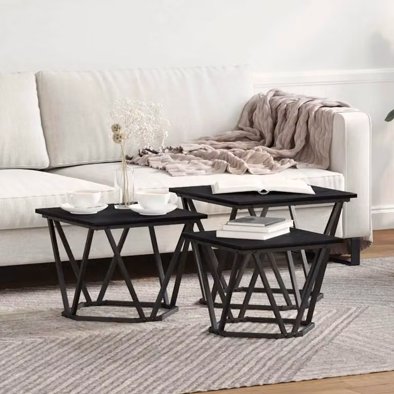 Set di 3 tavolini da salotto moderni vidaXL in rovere e nero L/P/H: 50 x 50 x 40 cm