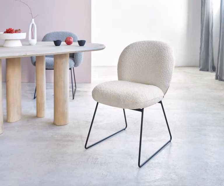 DELIFE Sedia da pranzo Nube-Flex Bouclé Bianco Struttura a slitta nera Molle insacchettate