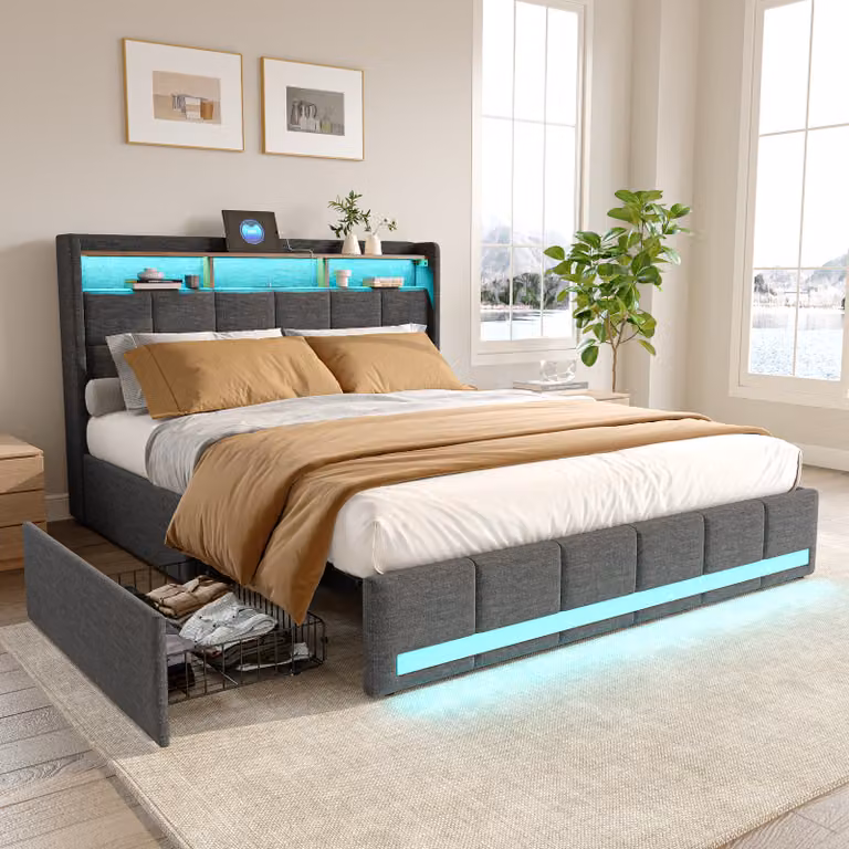 Letto imbottito 160x200cm con USB, letto per ragazzi letto matrimoniale con rete a doghe e 4 cassetti, letto contenitore con LED, lino, grigio