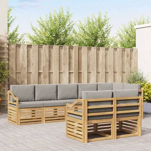 Set di divani da esterno a L vidaXL in legno di acacia con cuscini bianchi e grigi per giardino e terrazza