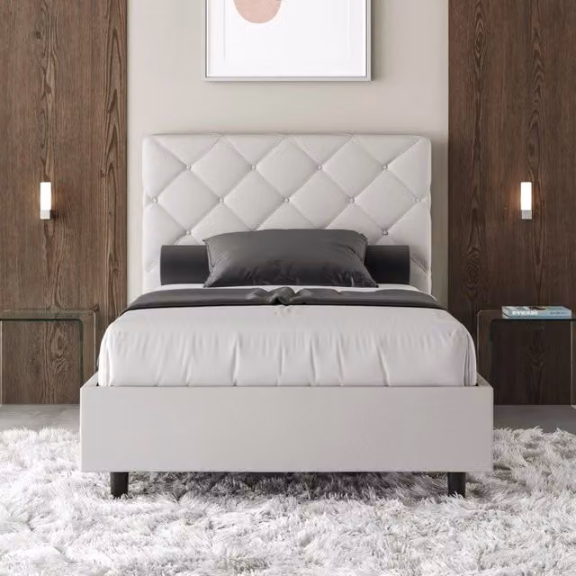 Letto imbottito Priya Ityhome in similpelle bianco con rete, Piazza e mezzo 110x190 cm